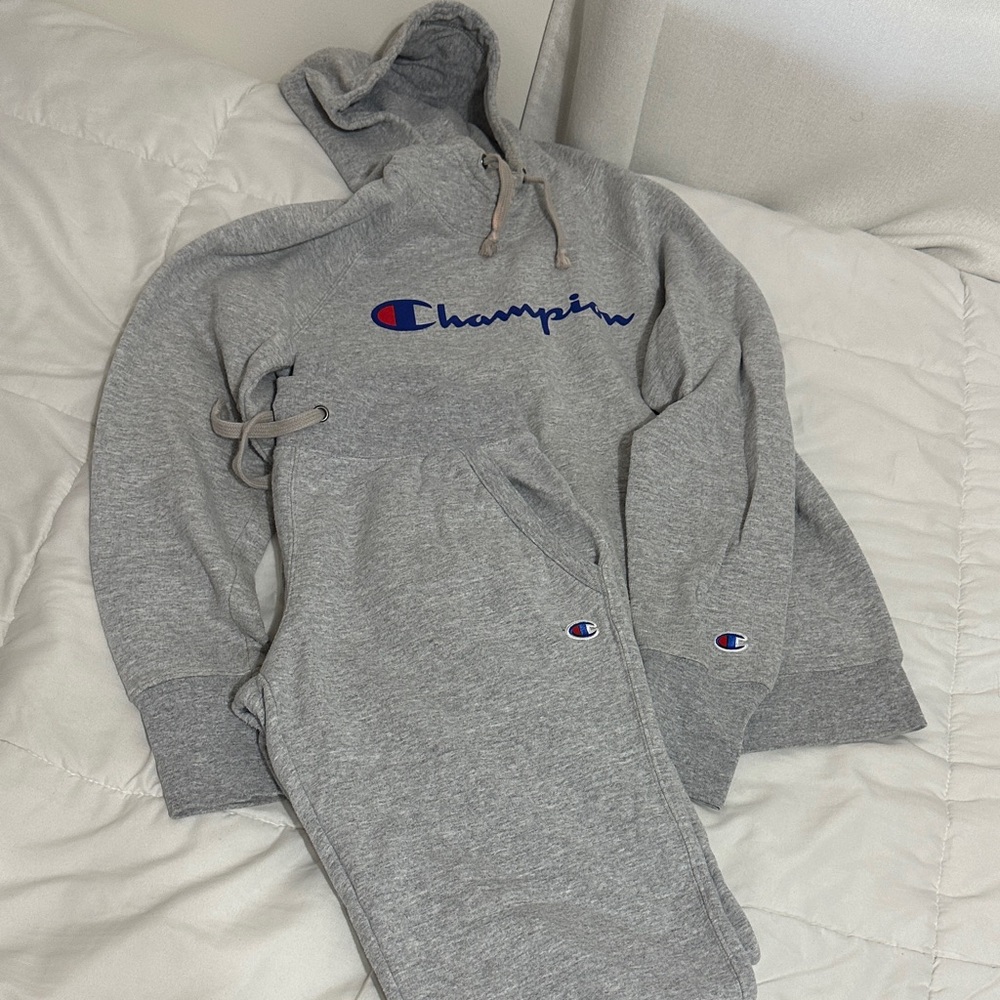 Champion Gray Hoodie and Sweatpants with Blue & Red Logo